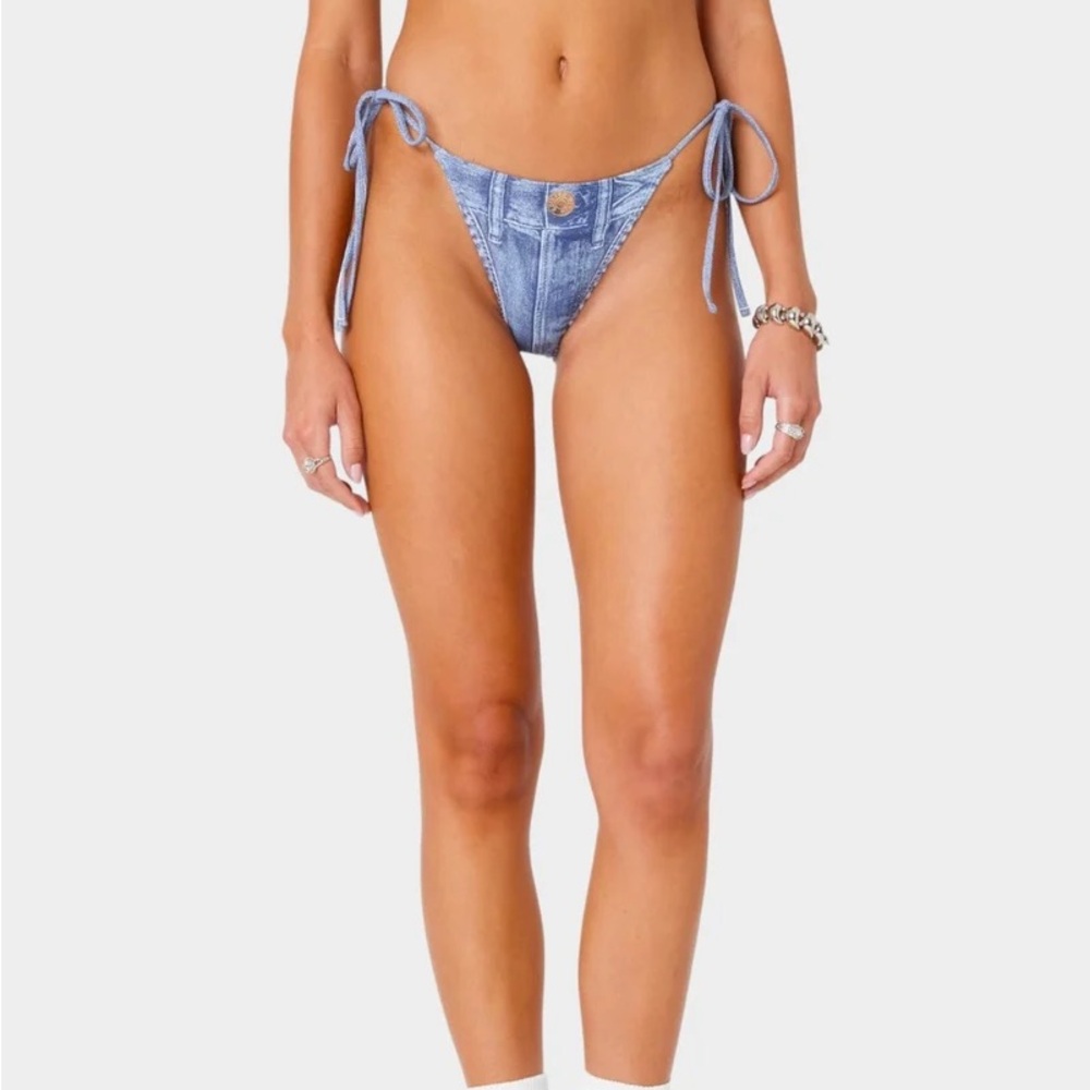 EDIKTED Denim Printed String Bikini Bottom